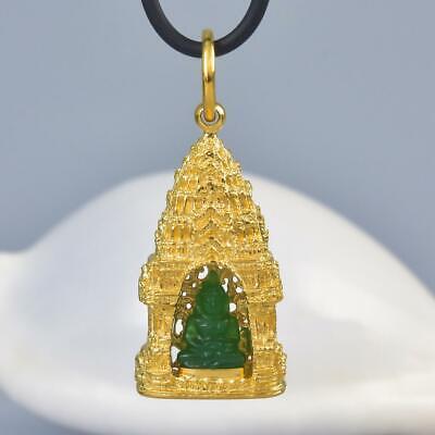 Buddha Image Gold Vermeil Sterling Pagoda Green Chalcedony Pendant Amulet 9.54 g