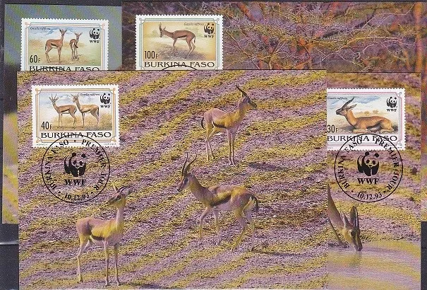 v1836 WWF 1993/ Gazellen/ Burkina Faso  MiNr 1298/1301 auf 4 MaxiCard