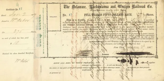 Delaware, Lackawanna and Western Railroad Co. Issued to and Signed by William As