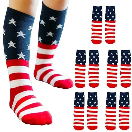 ENASGLOO 5 Pairs Kids American USA Flag Socks, Striped and Star Knee-High Tube