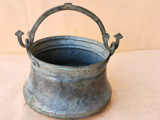 Old Antique Primitive Copper Vessel Bowl Bucket Pail Handle Signed 1893