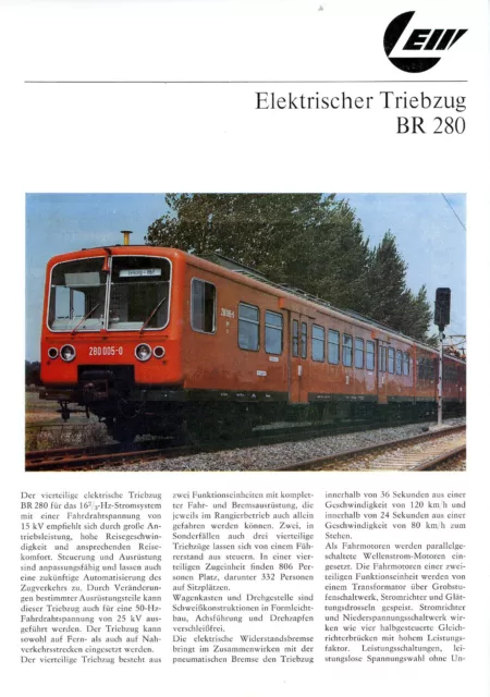 Orig. Prospekt: LEW HENNIGSDORF Elektrischer Triebzug Baureihe 280 der DR