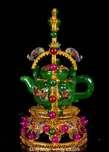Enamel Silver 24K Gold Wire inlay Natural Jadeite Dragon Fish Wine Teapot Flagon