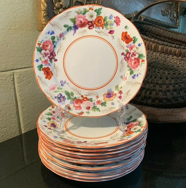 12 Copelands Grosvenor 8" Salad Plates Floral Boarder w/Rust Trim England
