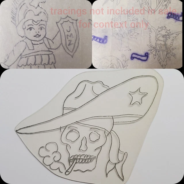 Antigua Colección Antigua Plantilla de Acetato Milton Zeis Tatuaje Flash Calavera de Vaquero 2.5x3