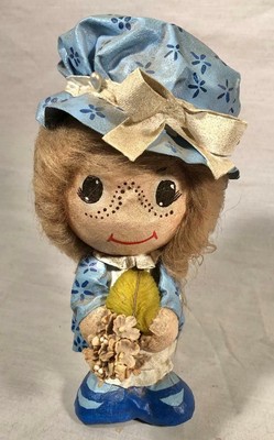 Vintage Big Head Paper Mache Style Flower Girl Doll Holly Hobbie Style