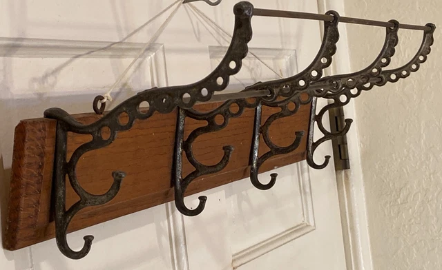 Antique Victorian 4 Hook Cast Iron & Oak Wood Wall Hat Coat Rack