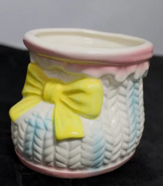 Vintage Nursery PLANTER Ceramic CMC Japan Baby Bootie White Blue Yellow ribbon