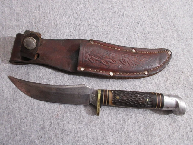 vintage Western 640 USA fixed blade knife with leather sheath lot B