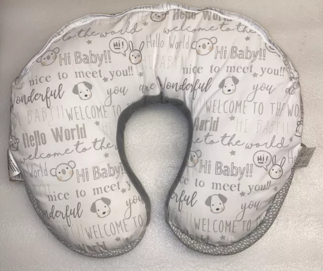 Boppy Baby Nursing Pillow Hello World Nice to Meet You! Gray White Puppy Welcome
