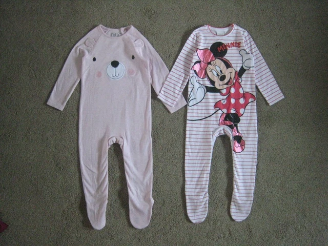 DISNEY F&F BABY GIRLS 2 x SLEEPSUIT SET - MINNIE MOUSE BUNDLE - 12-18 MONTHS