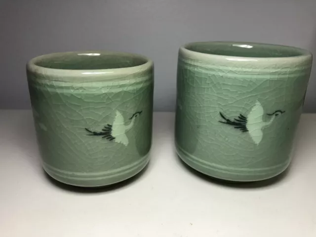 Korean Celadon Tea cups Green Crackle glaze Flying Crane and Cloud Inlaid