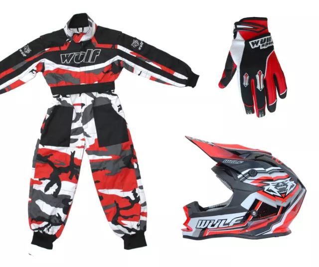 Kids Wulfsport MX Wulf Kit Motocross Overall Helmet & Glove Red Camo Set #O5