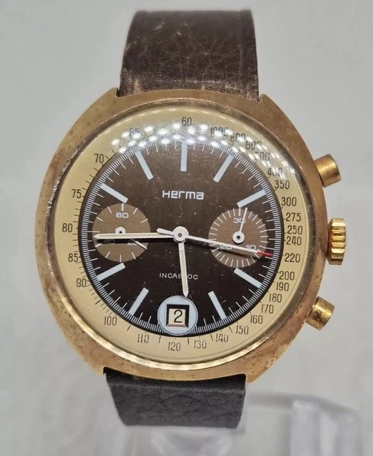 Herma Montre Homme Chronographe Mécanique 17 Rubis - Boîtier & Bracelet Plaqué Or - Modèle P2329 Occasion