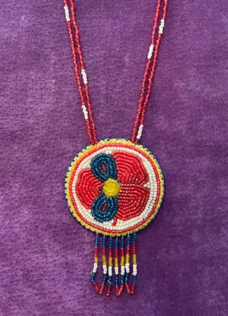 Vintage Mohawk Native American Traditional Hand-Beaded Medallion Necklace