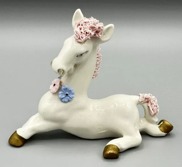 Vtg Spaghetti White Pink Gold Horse Rhinestone Nostrils Flower Floral Figurine