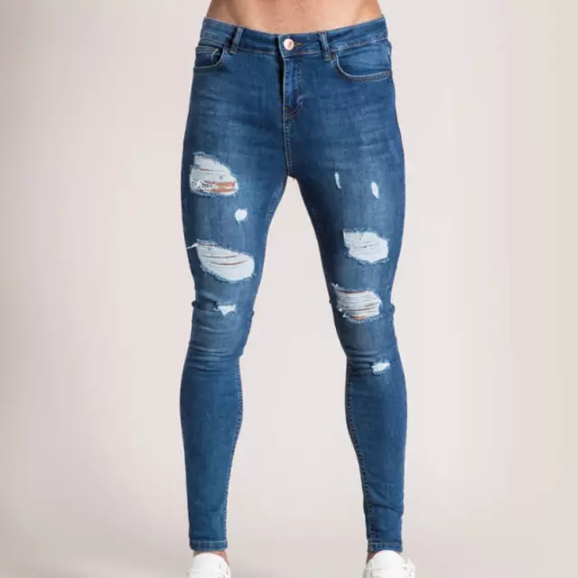 Mens Ripped Jeans Skinny Slim Fit Stretch Biker Trousers Distressed Denim Pants