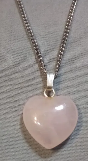 Silver Tone Rose Quartz Pink Heart Pendant Chain Necklace