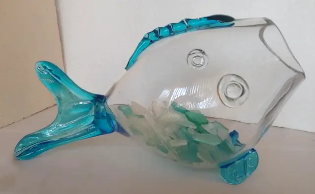 Large Blown Glass Fish / Open Mouth Vase Bowl  / Clear & Blue Blenko Style Glass
