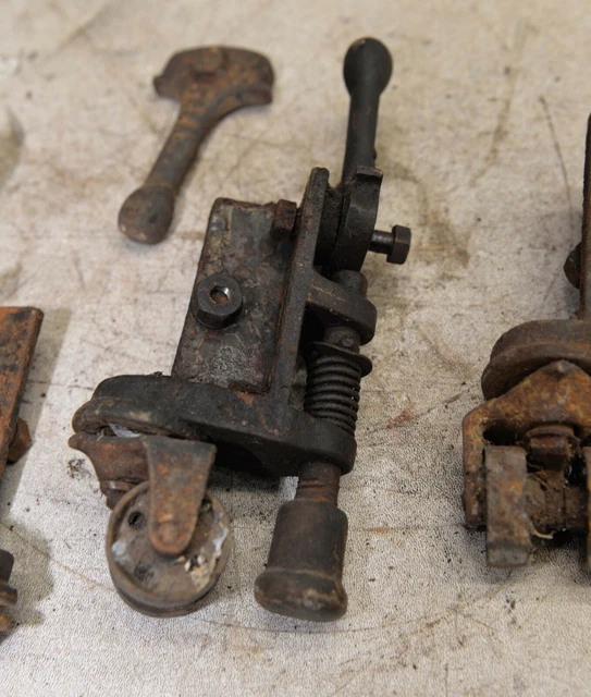 4 antique safe or machine roller wheel & lock down cast iron collectible lot M13 10