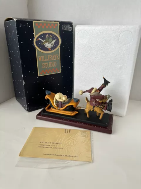 1997 Williraye Studio WW2218 Figurine, Santa on Reindeer, Cat in Sleigh, Box