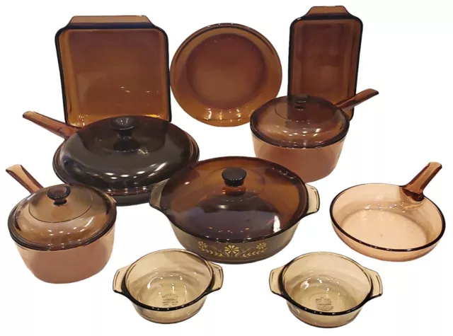 Set of 14 Vision WARE Visions Corning Anchor Amber Brown Glass Cookware w/ Lids