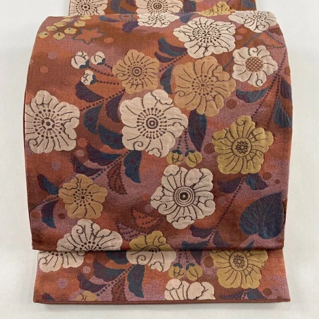 Japanischer Kimono Obi aus reiner Seide, Grasblumen, Folie, Rotbraun,...
