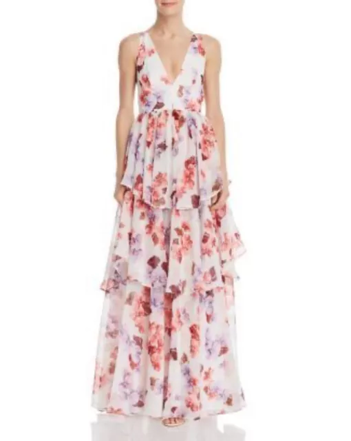 Fame and Partners white pink floral georgette tiered maxi dress