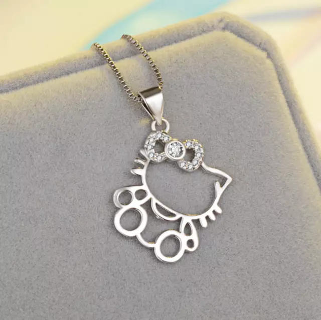 Hello Kitty Cat Kitten Cubic Zirconia Silver Pendant Necklace