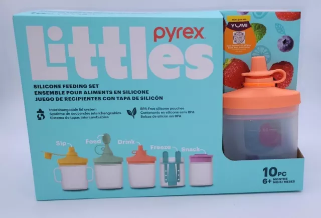 NEW Pyrex Littles 10 piece Silicone Feeding Set Sip Drink Freeze Snack Kids YUMI