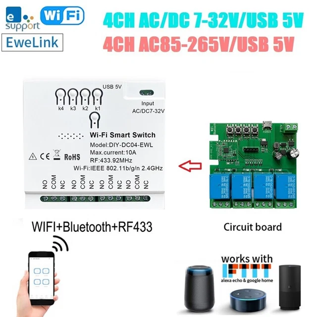 4CH EWeLink WiFi  Switch RF433 85-265V 2,4G WiFi Smartlife Hausautomationsm7817