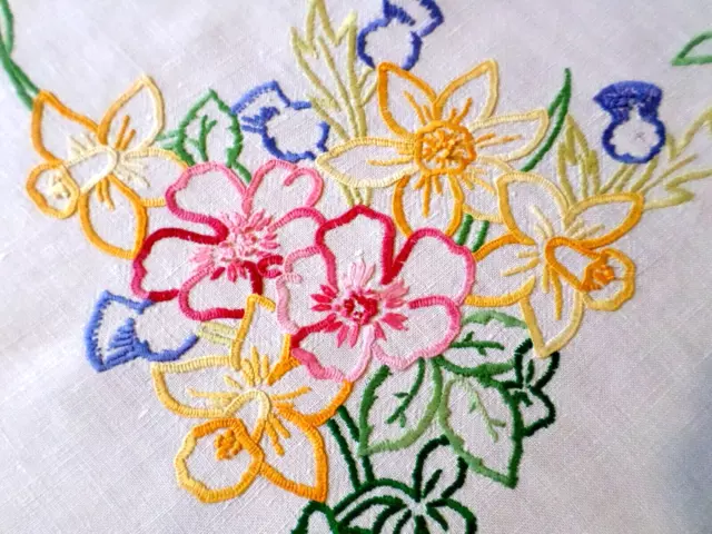 VINTAGE Linen FLOWER EMBLEMS GREAT BRITAIN Tablecloth HAND EMBROIDERED Stunning