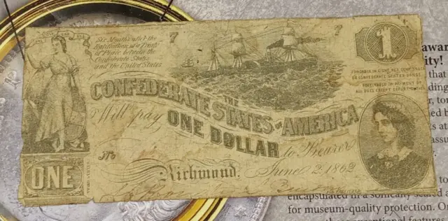 1862 $1 One Dollar Csa Confederate States Of America Currency Note Tp-4299
