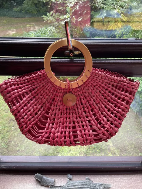 George Raspberry Wicker Straw Beach Bag Wooden Handles Picnic Summer