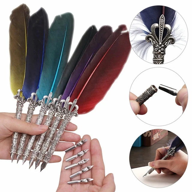 RETRO CALLIGRAPHY FEATHER Dip Pen with 5 Nib Set Quill Fountain Writing ...