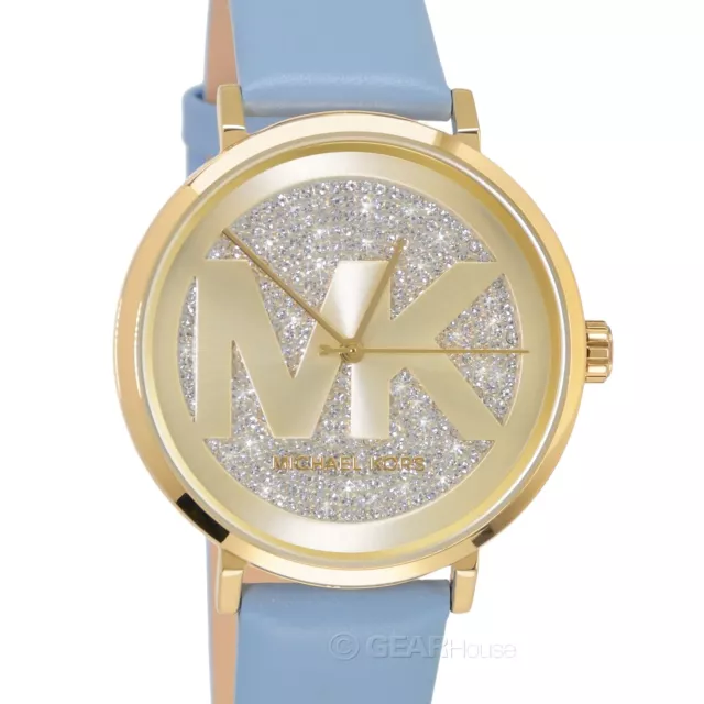 Michael Kors Womens Addyson Glitz Watch, Gold MK Logo Dial, Blue Leather Band