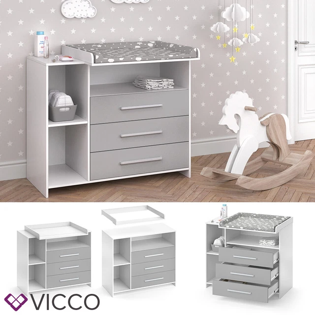 Commode à Langer Vicco Emma - Blanc/Sonoma - 80x87x48cm - 3 Tiroirs + Matelas Amovible