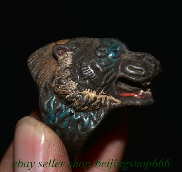 1.2" Old Tibet Tibetan Bronze Painting Tiger Beast Jewelry Ring Statue