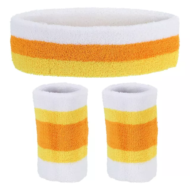 1 Headband & 2 Sport Wristbands Cotton Athletic Sweatband White, Yellow, Orange