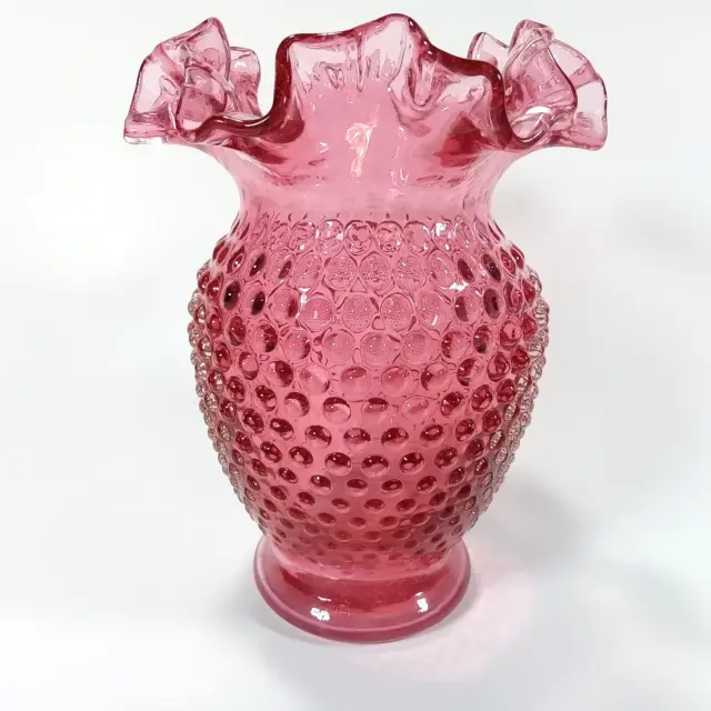 Vintage Kanawha Glass Red Cranberry Hobnail Ruffled Vase 5 1/2" Tall