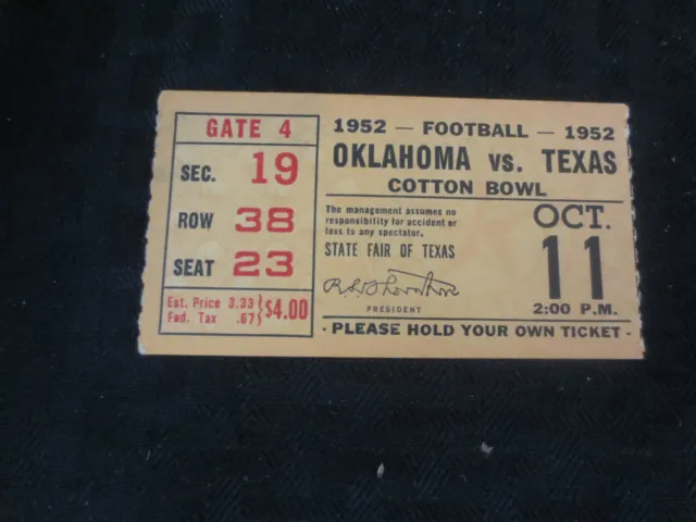 Texas Longhorns Football Ticket  VS Oklahoma Sooners Oct 11, 1952