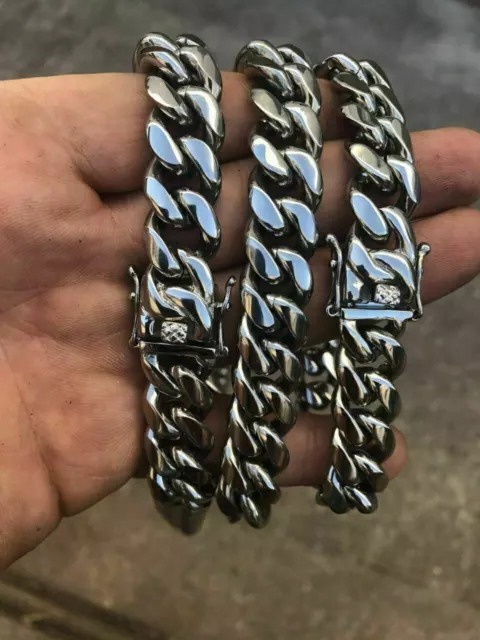 ENSEMBLE 14 mm bracelet et chaîne à maillons cubains pour hommes en acier inoxydable tout comme l'argent 2