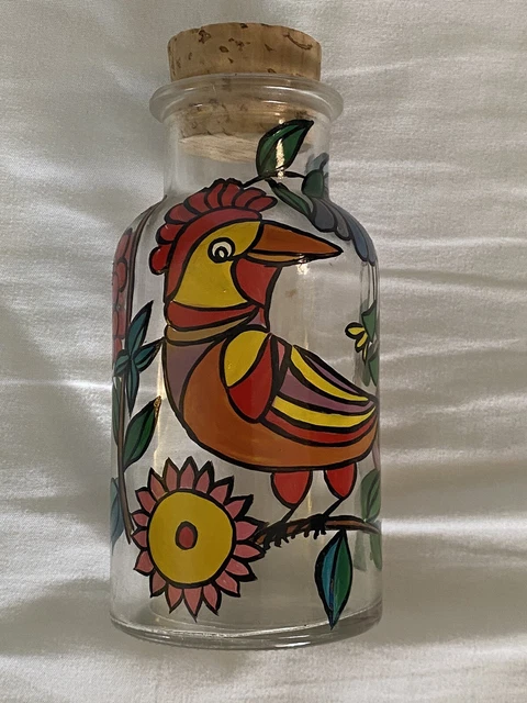 Vintage ARUBA Miniature Souvenir Bottle 6” w/ Bird Pattern 3 1/2" tall w/ Cork