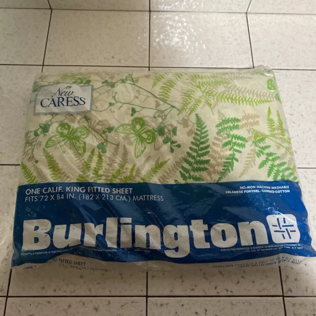 Vtg New Caress Burlington Fern Butterfly Green Tan White Cal King Fitted Sheet