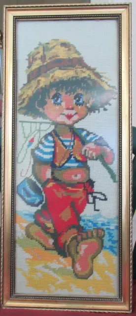 Retro / Vintage Hippy 1970's  framed Tapestry, Boy going fishing 52 cms x 22 cms