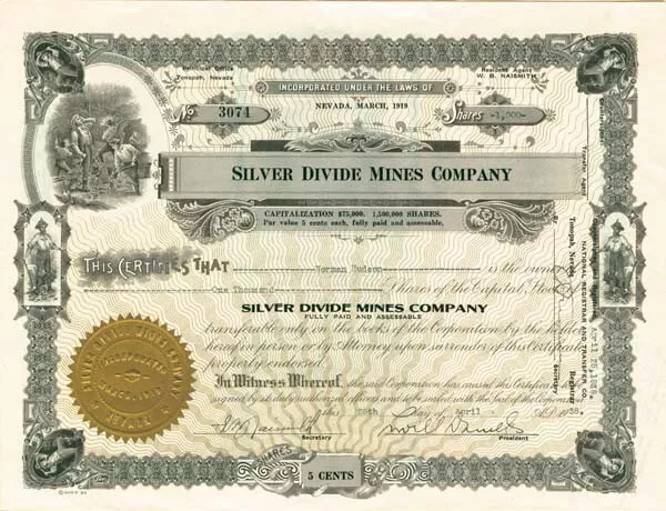 Silver Divide Mines Co. - Stock Certificate - Mining Stocks