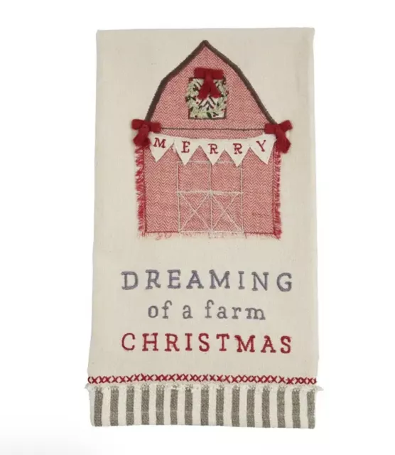 Mud Pie Dreaming Of A Farm Christmas Appliquéd & Embroidered Kitchen Towel -Barn
