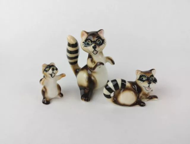 Vintage Japanese Raccoon Family 🦝 Miniature Porcelain Figurines Set Of 3
