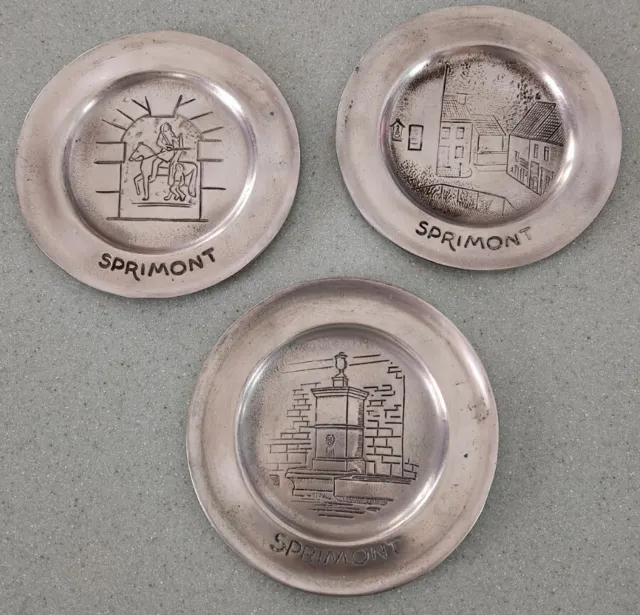 3 Antique/Vintage French Rouxhet Louveigne Metal/Pewter? Ornate Plates-Spirmont