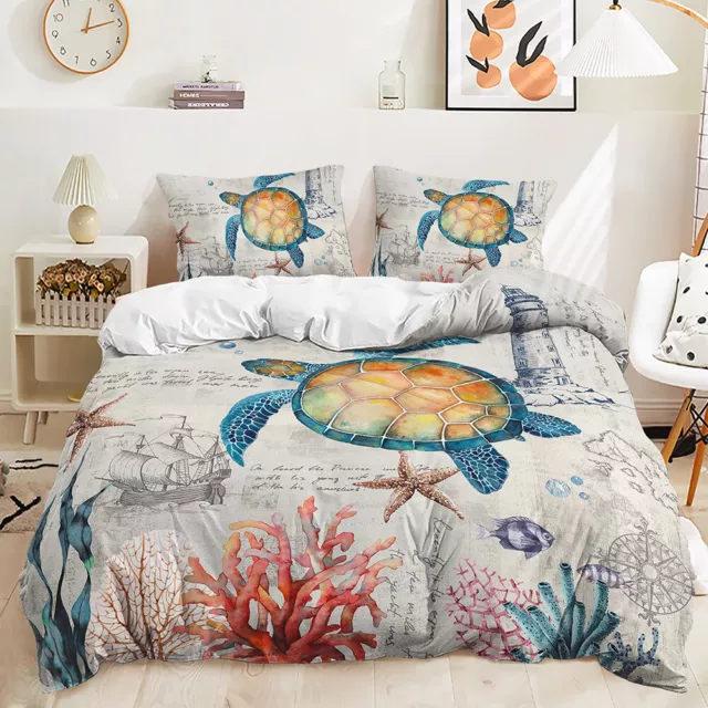 Sea Turtle Blooming Flowers Star Sign Marine Life Colorful Duvet Quilt Cover Set